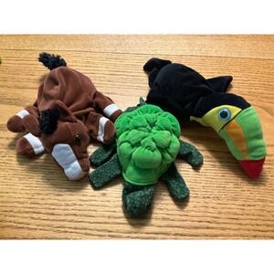 3 Plush Hand Puppets Horse Turtle Toucan Kids Toy Animal Collection